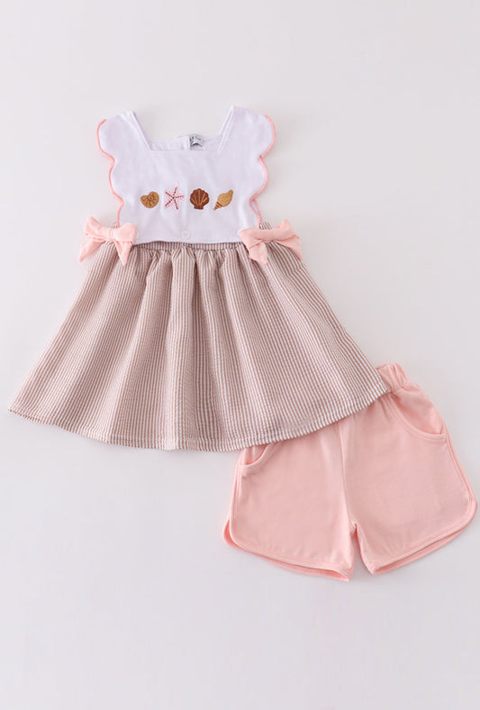 Girls Seersucker Beach Embroidered Shorts Set