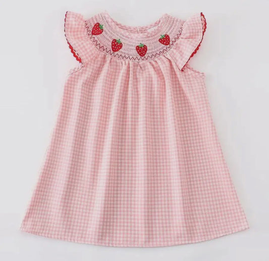Strawberry Embroidered Plaid Smocked Dress