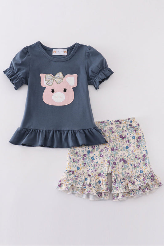Floral Print Pig Girls Shorts Set