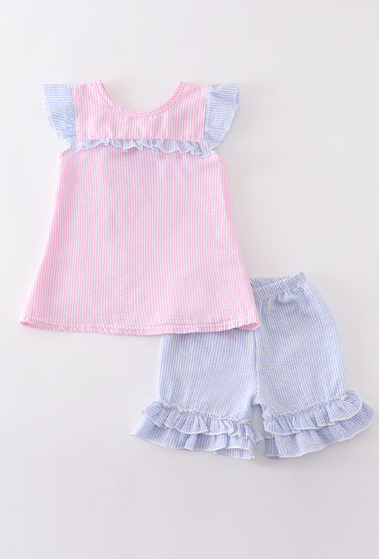 Girls Pink Stripe Seersucker Shorts Set