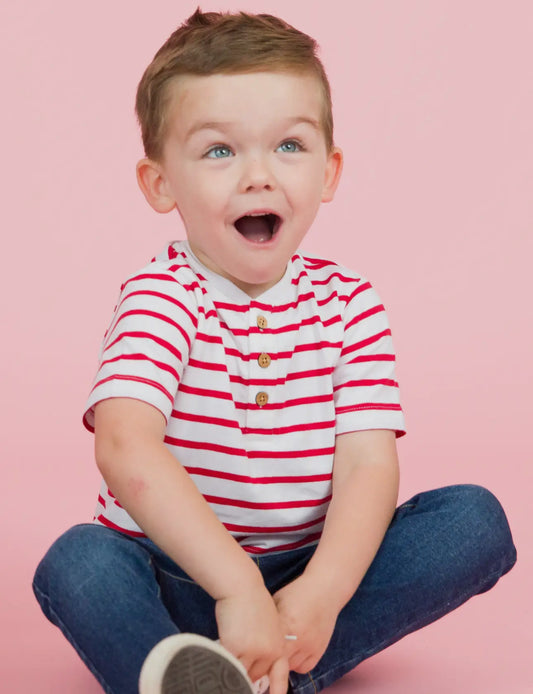 Red & White Short Sleeve Knit Henley