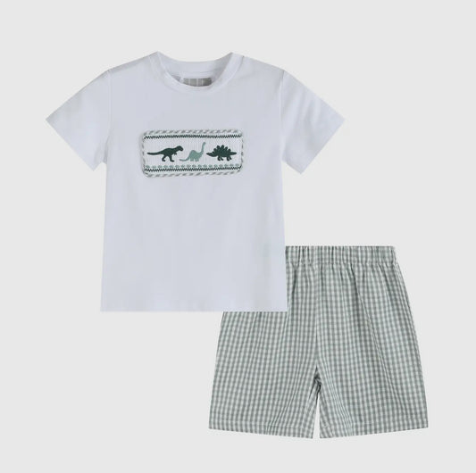 Gingham dinosaur shorts set